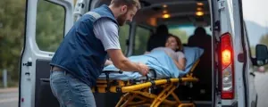 Preparation for lifting a bedridden patient up the stairs on a stretcher